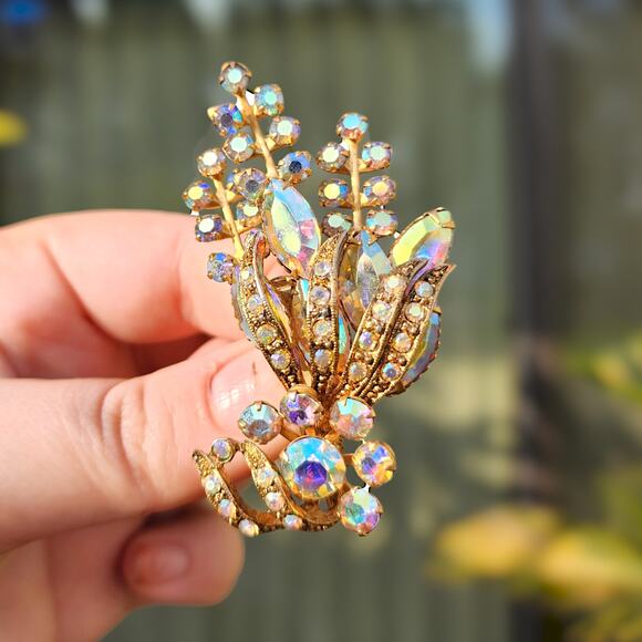 Selro Selini Jewelry - Vtg Selro Selini Brooch AB Glass Crystal Marquise Rhinestones Rivet Back SIGNED